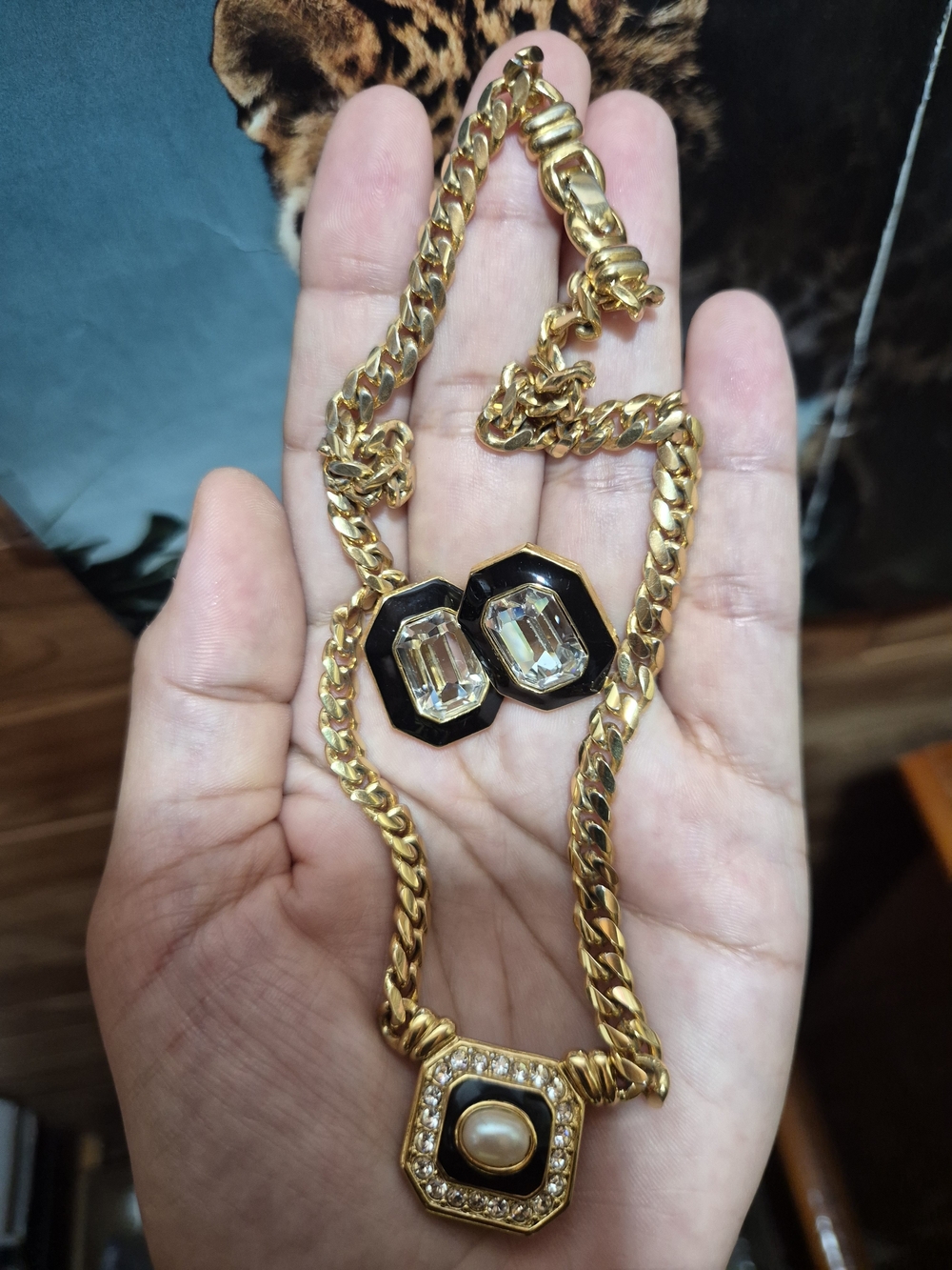 Monet Chain Necklace and  Earrings with Black Enamel And  Clear Stone